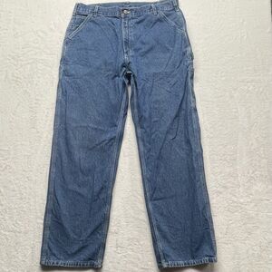 Vintage Carhartt Jeans Carpenter Denim Pants Men’s Leather Patch Wide Leg Blue